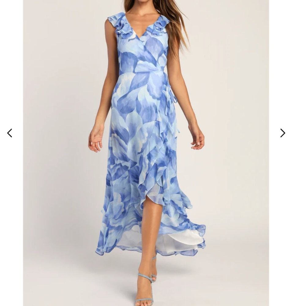 Elevate the Occasion Blue Floral Ruffled Wrap High-Low Dress